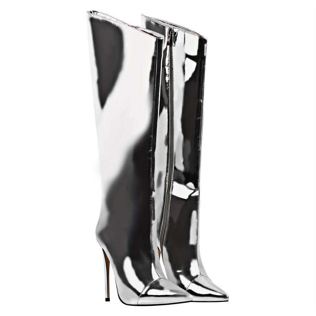 The Muse - Metallic Silver Stiletto Pointed Toe Knee High Fashion Boots