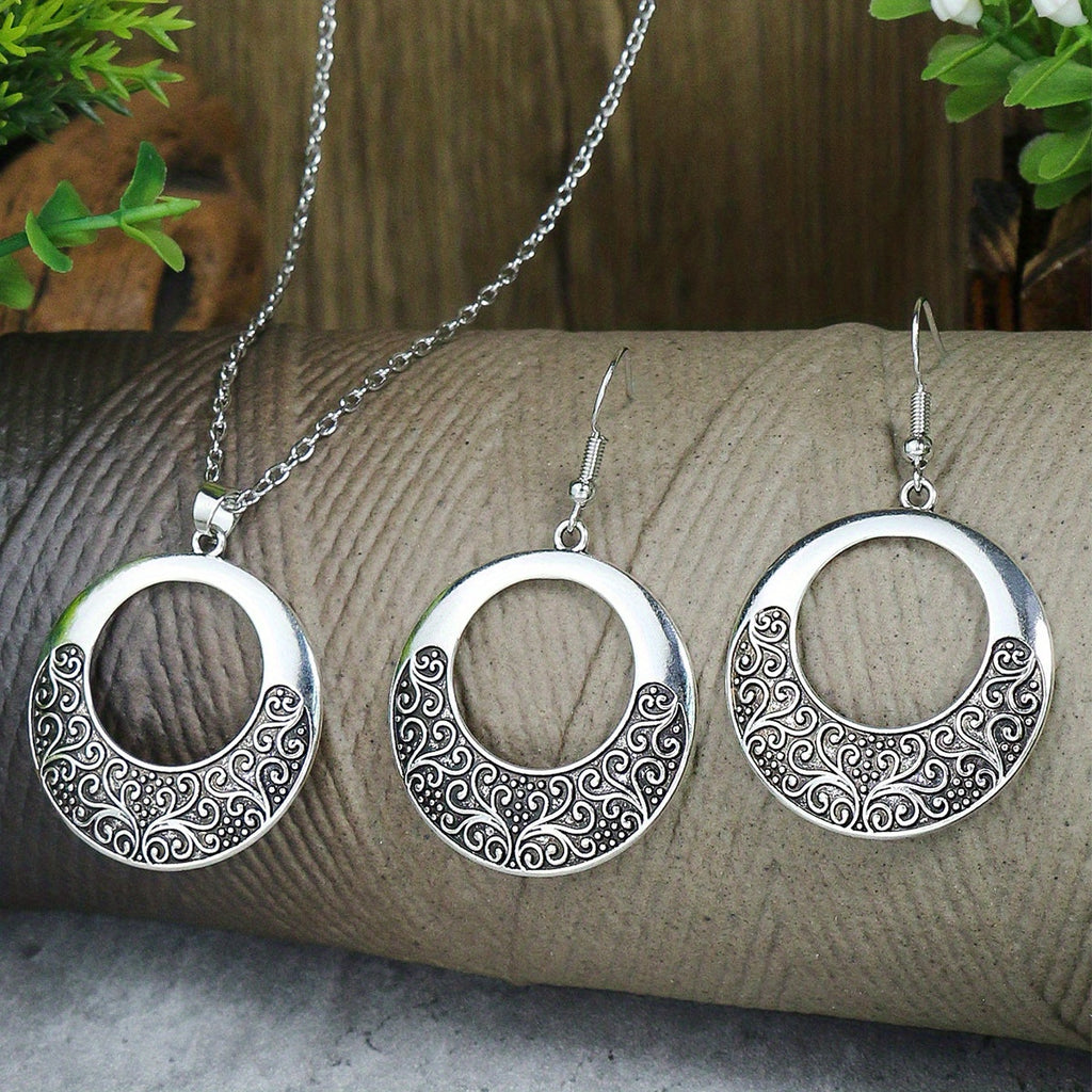 Muse Essentials - Retro Ethnic Style Ancient Silvery Ring Earrings Necklace Set