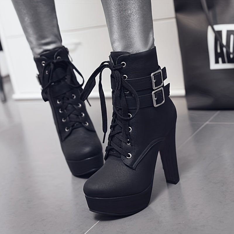 Be Mused - Faux Cover Block Heel Boots with Buckle Straps & Lace-Up