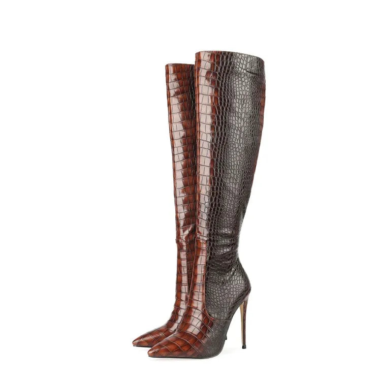 The Muse Step Edit Women's Fashion Sexy Two-tone Snake Knee High Boots