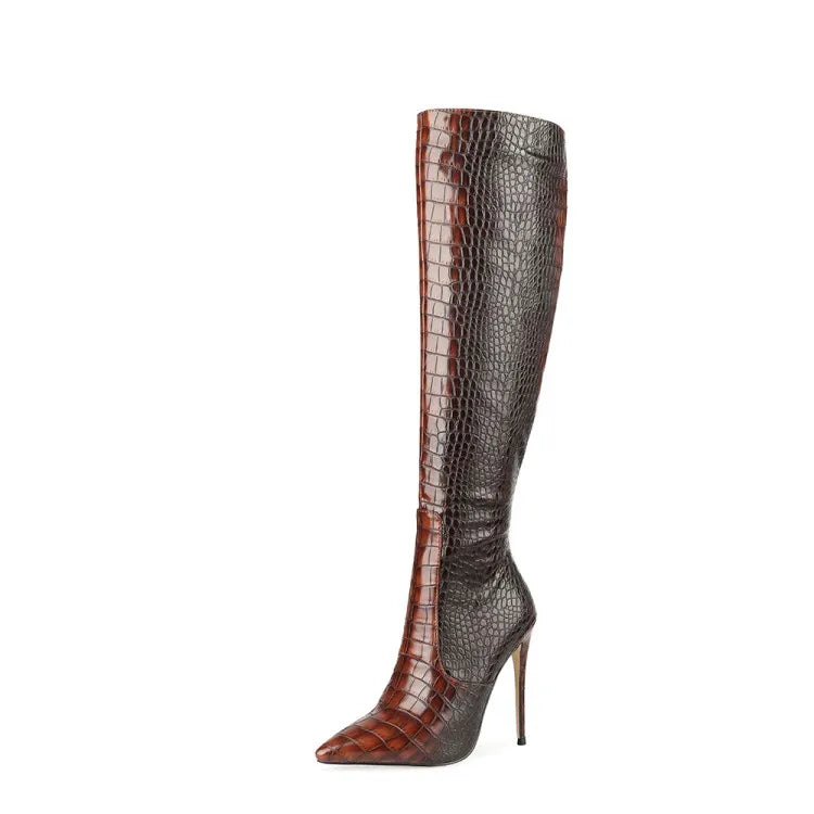 The Muse Step Edit Women's Fashion Sexy Two-tone Snake Knee High Boots