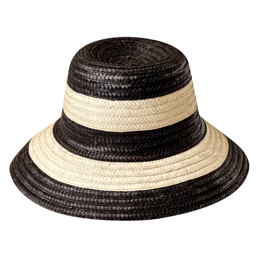 Ivy's Crown - Striped Bucket Palm Straw Hat In Black and Natural