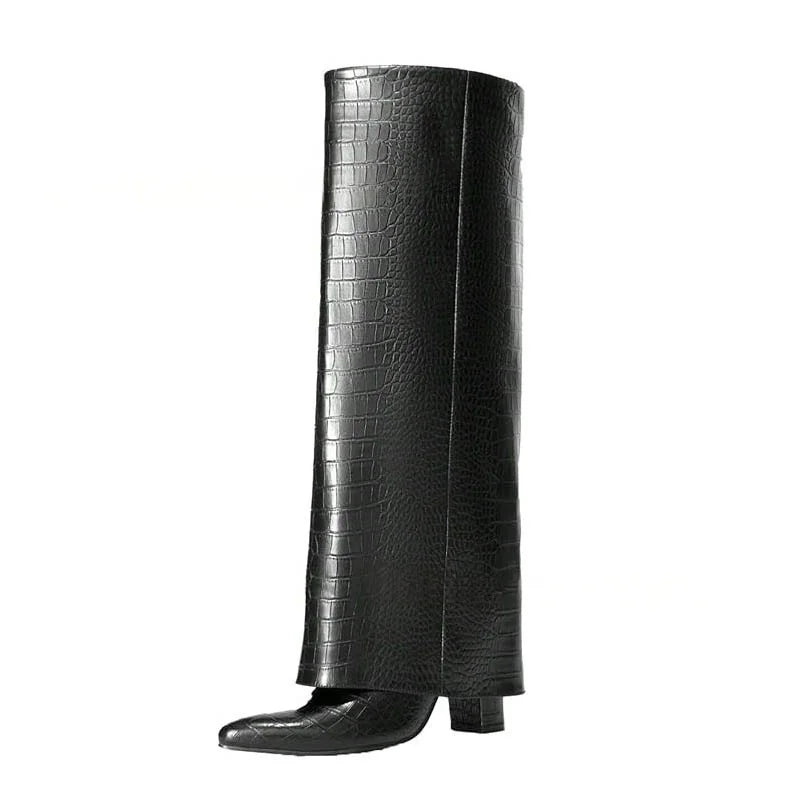 The Muse Step Edit Women's Black Croc Embossed Knee High Boots Chunky Heel Pointed Toe Trendy Booties