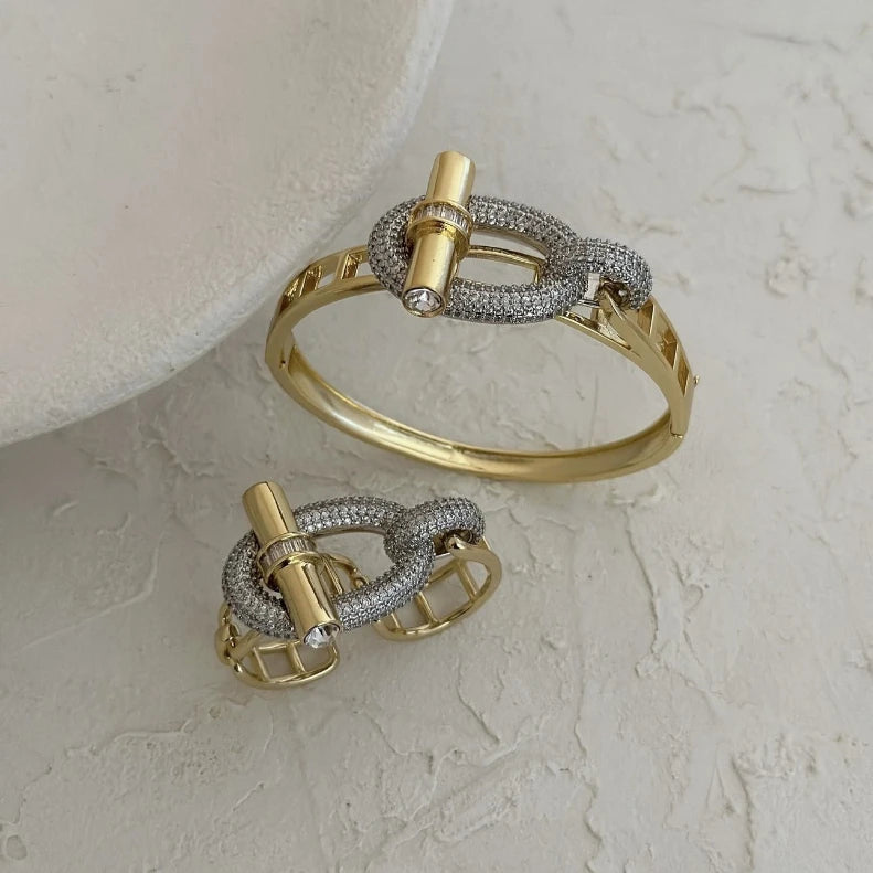 Muse Essentials - Designer Style Classic Gold Silver Rhinestone OT Buckle Chain Bracelet, Necklace & Earrings