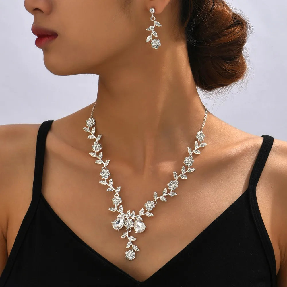 Muse Essentials Floral Vine Sparkling Rhinestones Elegant Flower Necklace and Earrings Set