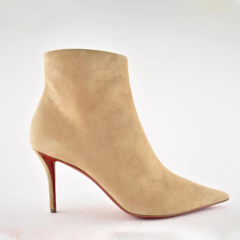 The Muse Step Edit Women's New Red Bottoms Slim High-Heeled Red Bottom Boots with Fashionable Pointed Side Zipper