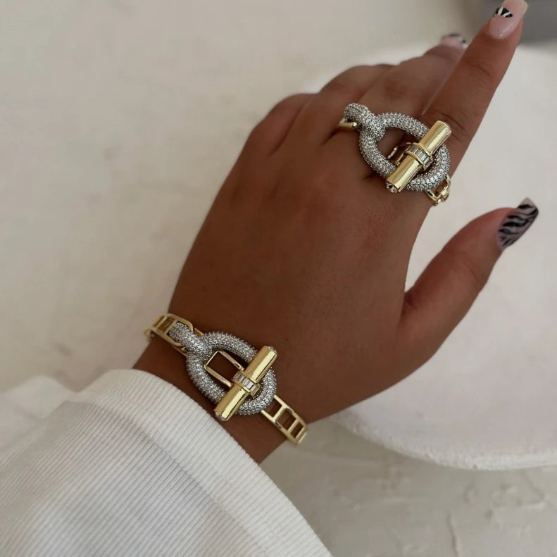 Muse Essentials - Designer Style Classic Gold Silver Rhinestone OT Buckle Chain Bracelet, Necklace & Earrings