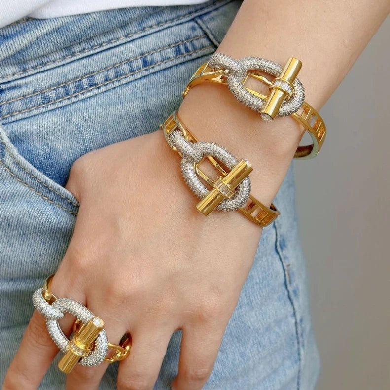 Muse Essentials - Designer Style Classic Gold Silver Rhinestone OT Buckle Chain Bracelet, Necklace & Earrings