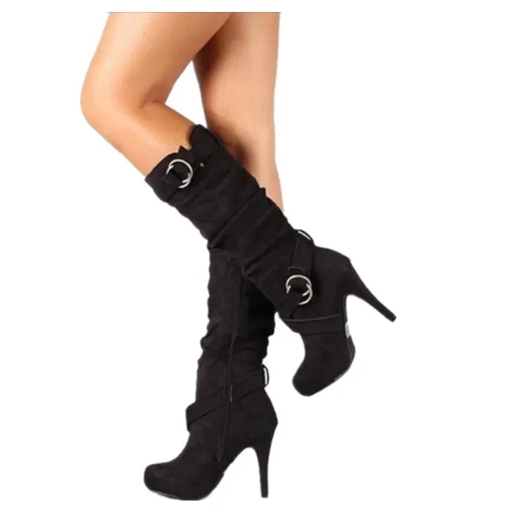The Muse Step Edit Sexy Knee High Women Boots Thin High Heel Round Toe Platform Boots