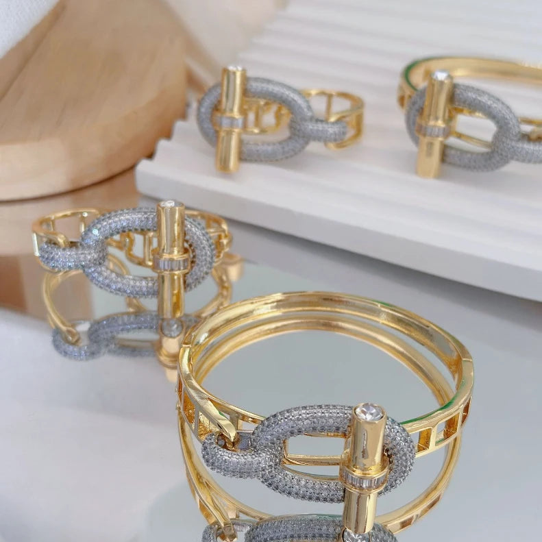 Muse Essentials - Designer Style Classic Gold Silver Rhinestone OT Buckle Chain Bracelet, Necklace & Earrings