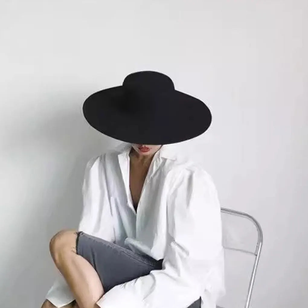 Ivy's Crown French Wide Brim Flat Top Felt Hat Classic Vintage Hat Wide