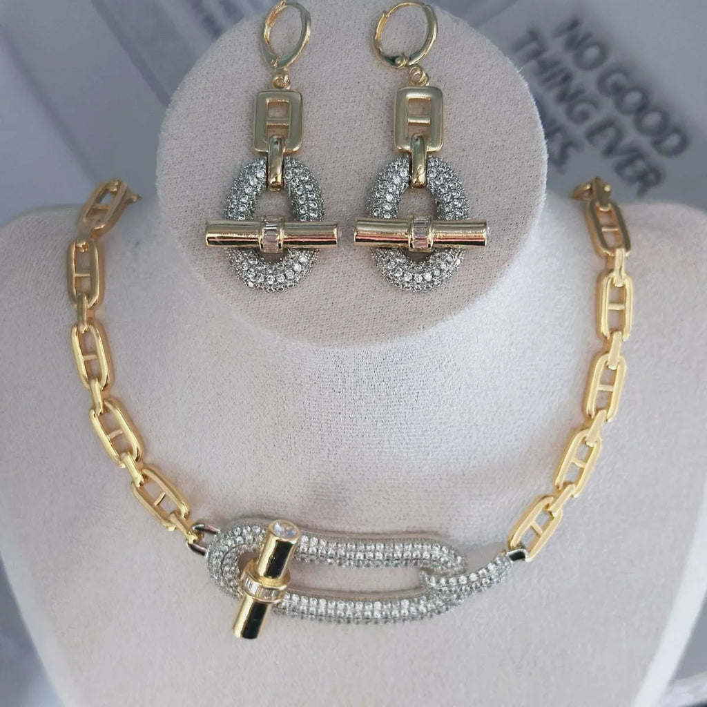 Muse Essentials - Designer Style Classic Gold Silver Rhinestone OT Buckle Chain Bracelet, Necklace & Earrings