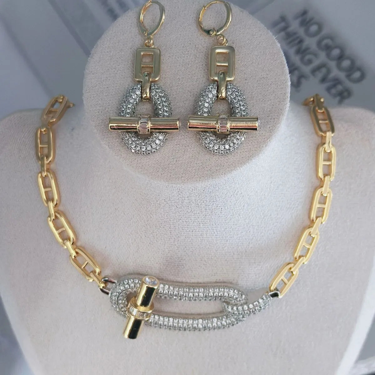 Muse Essentials - Designer Style Classic Gold Silver Rhinestone OT Buckle Chain Bracelet, Necklace & Earrings