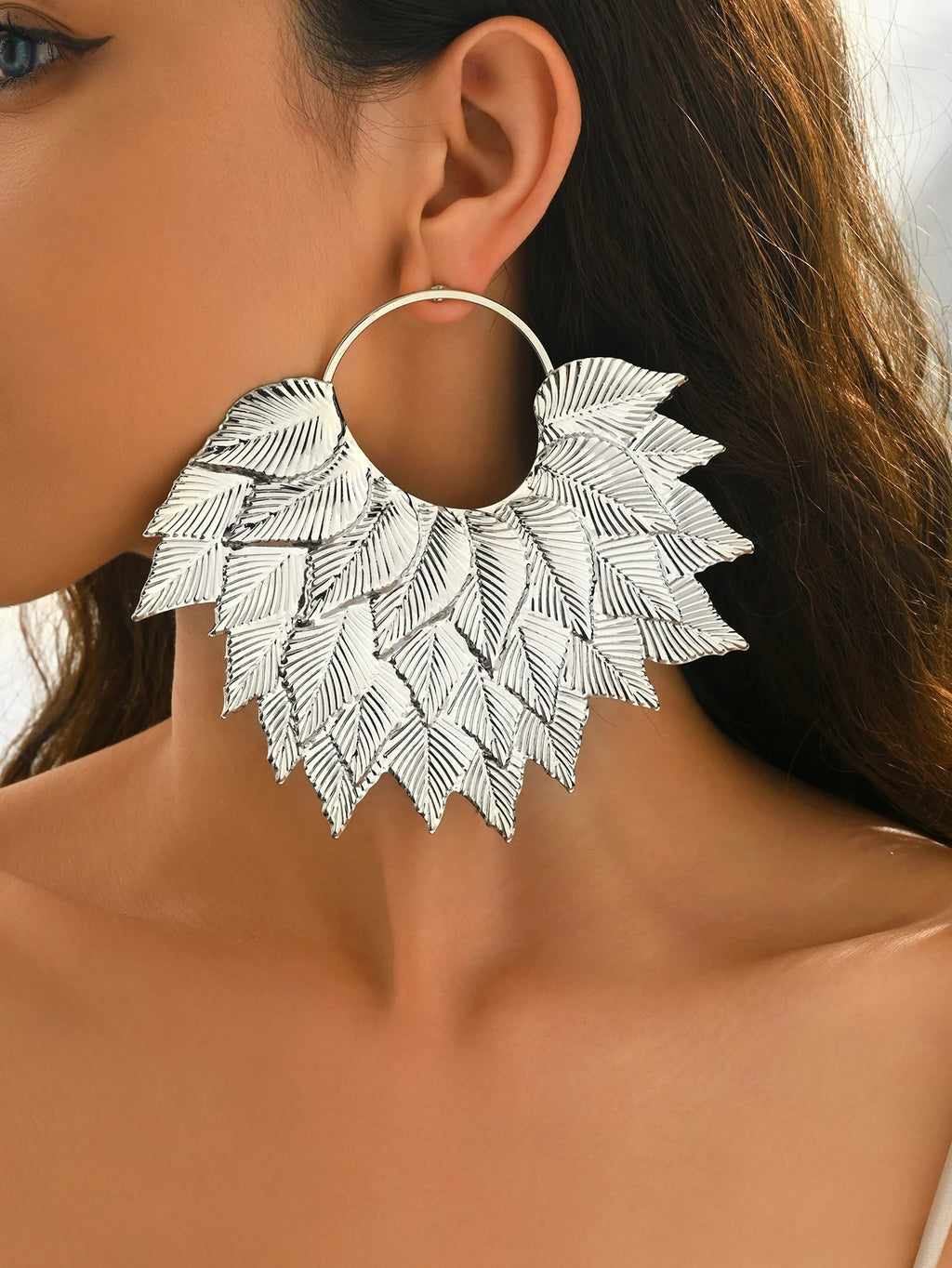 Muse Essentials - Statement Leaf Cluster Big Hoop Earrings Bold Bohemian Style Gold /Silver                     Color Leaf Earrings Women's Daily Bold Jewelry