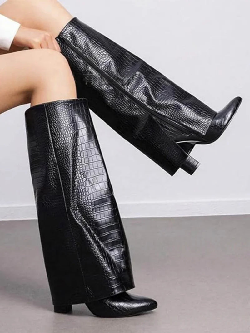 The Muse Step Edit Women's Black Croc Embossed Knee High Boots Chunky Heel Pointed Toe Trendy Booties