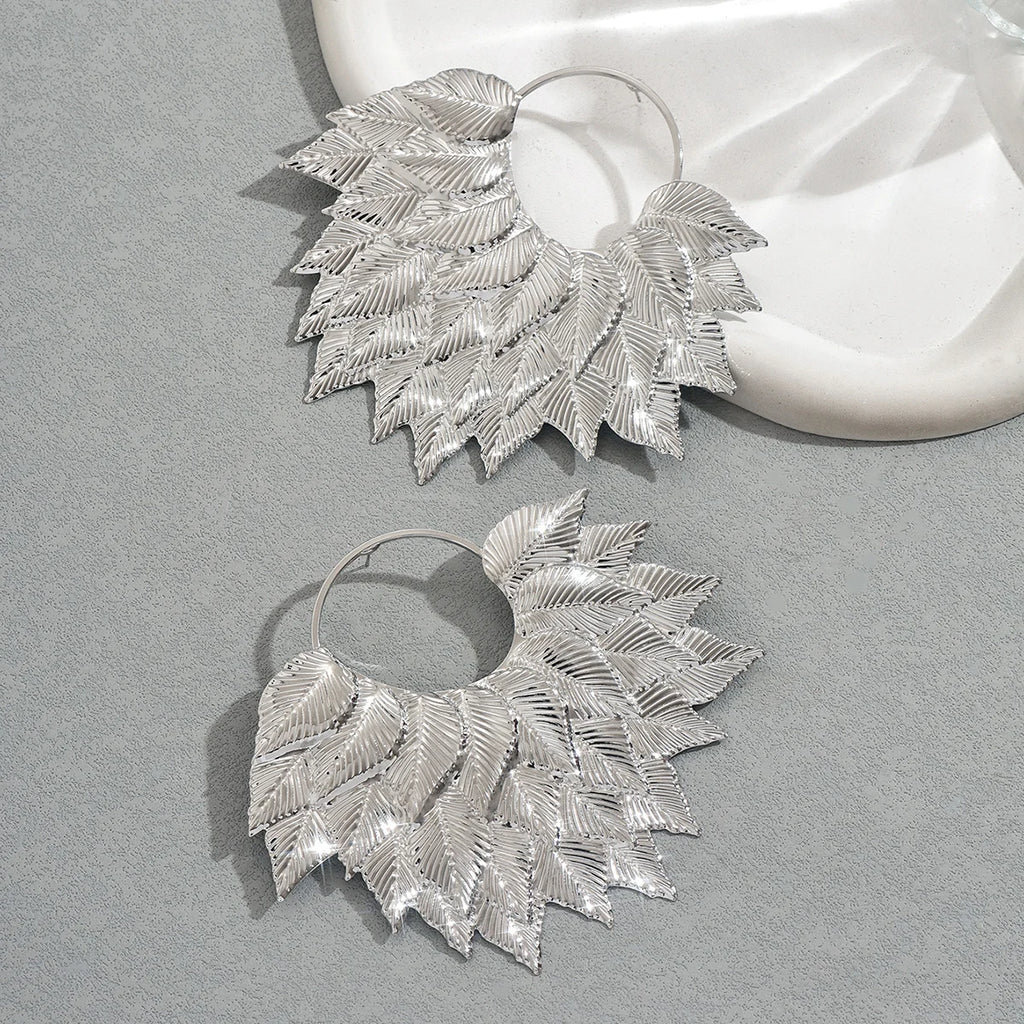 Muse Essentials - Statement Leaf Cluster Big Hoop Earrings Bold Bohemian Style Gold /Silver                     Color Leaf Earrings Women's Daily Bold Jewelry