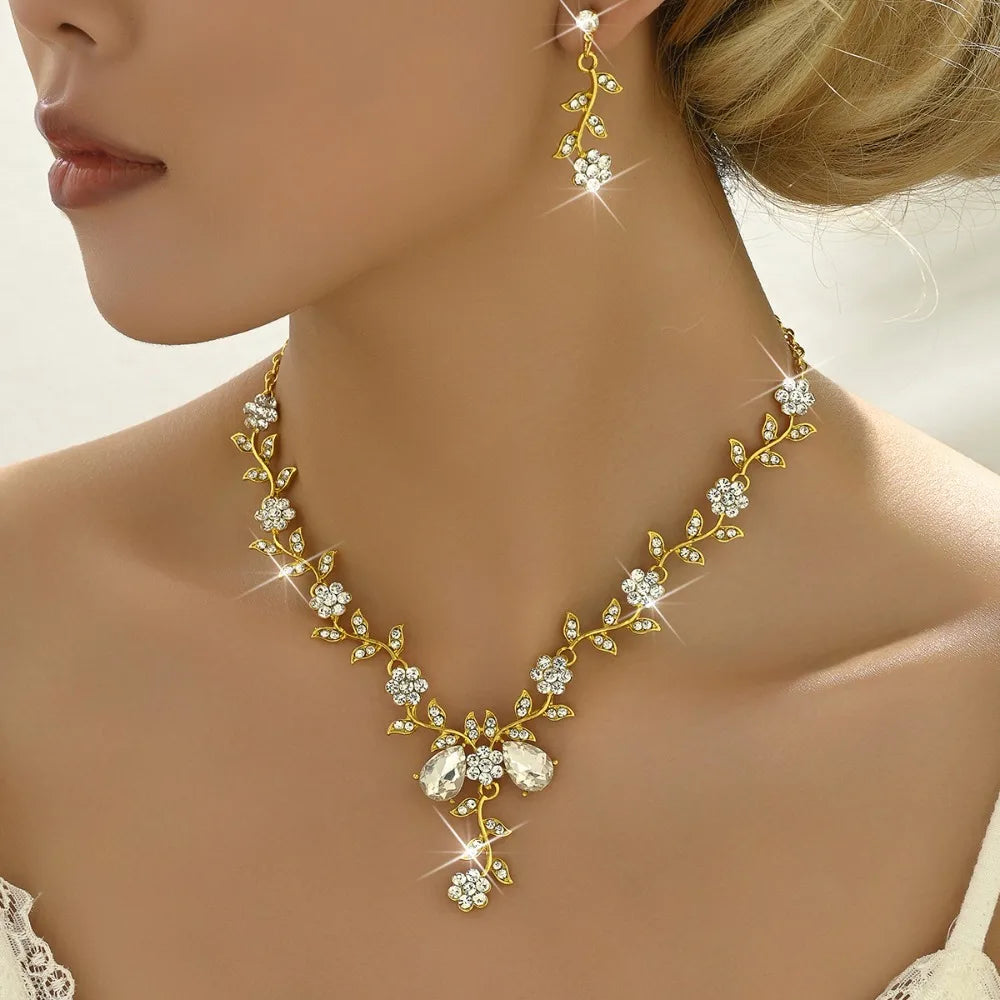 Muse Essentials Floral Vine Sparkling Rhinestones Elegant Flower Necklace and Earrings Set