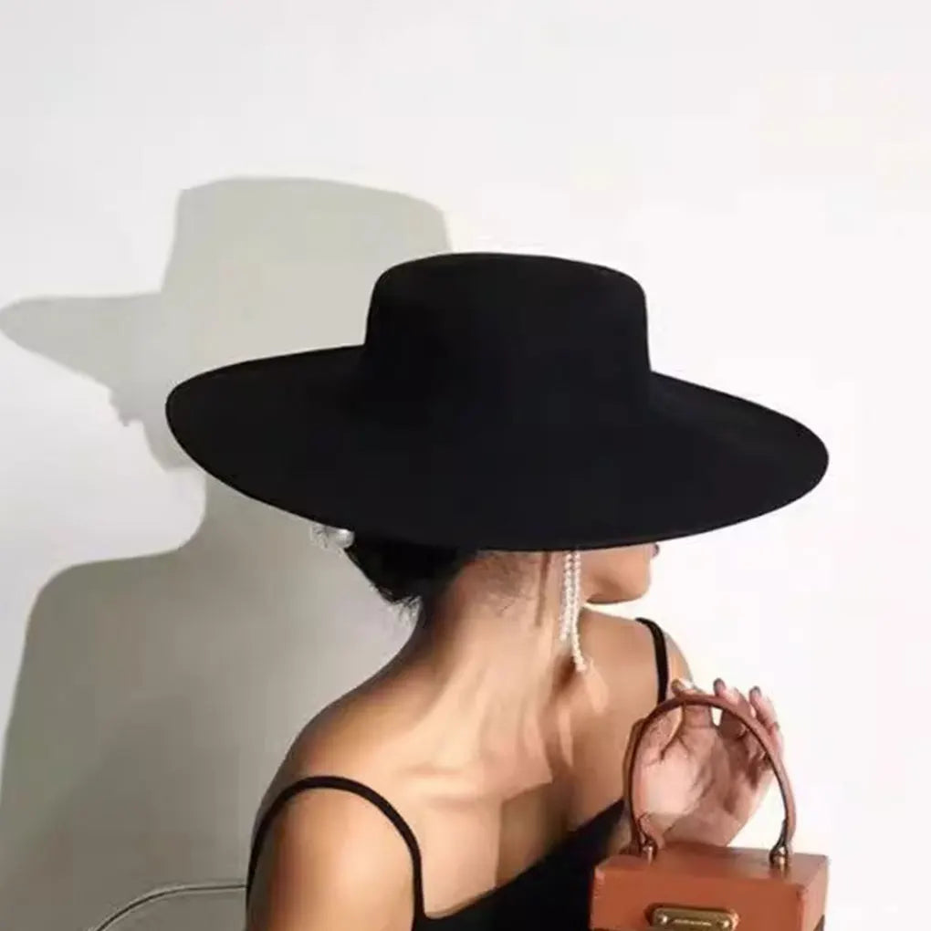 Ivy's Crown French Wide Brim Flat Top Felt Hat Classic Vintage Hat Wide