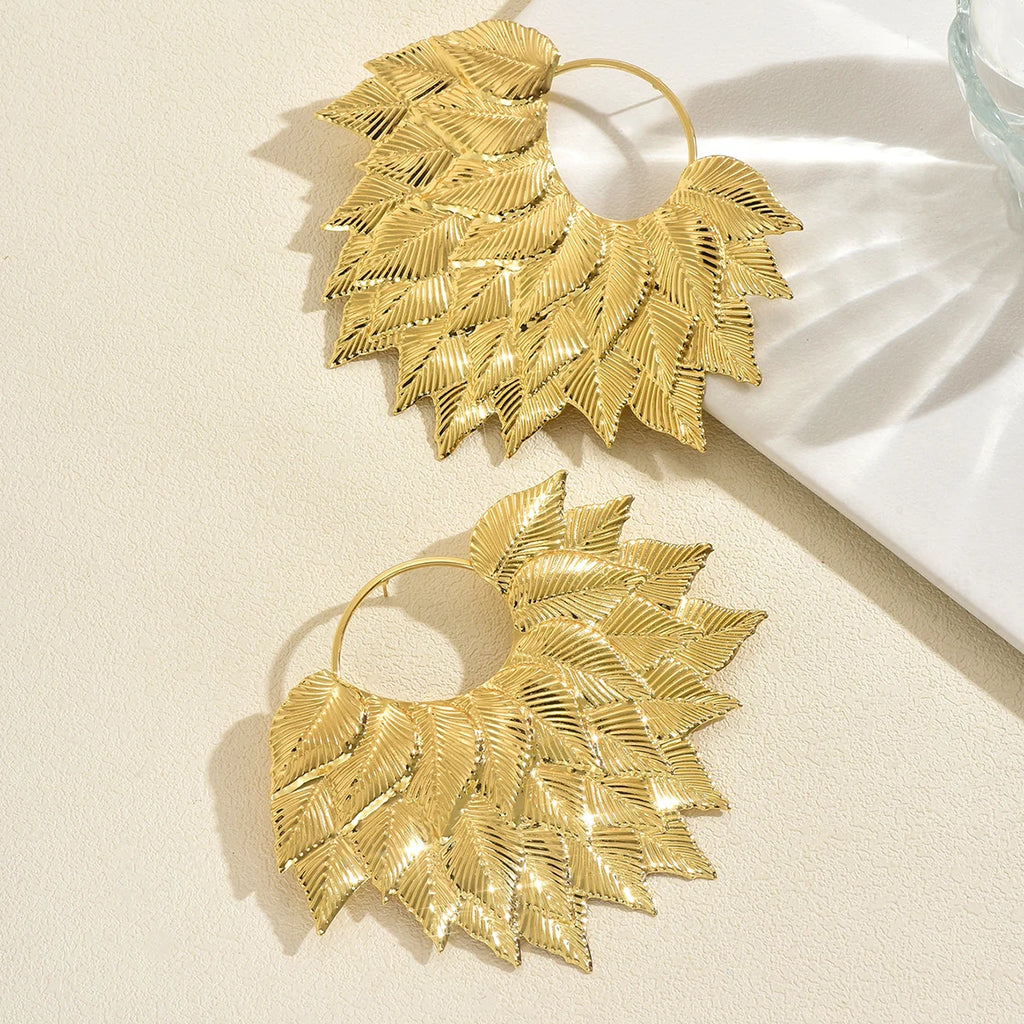 Muse Essentials - Statement Leaf Cluster Big Hoop Earrings Bold Bohemian Style Gold /Silver                     Color Leaf Earrings Women's Daily Bold Jewelry