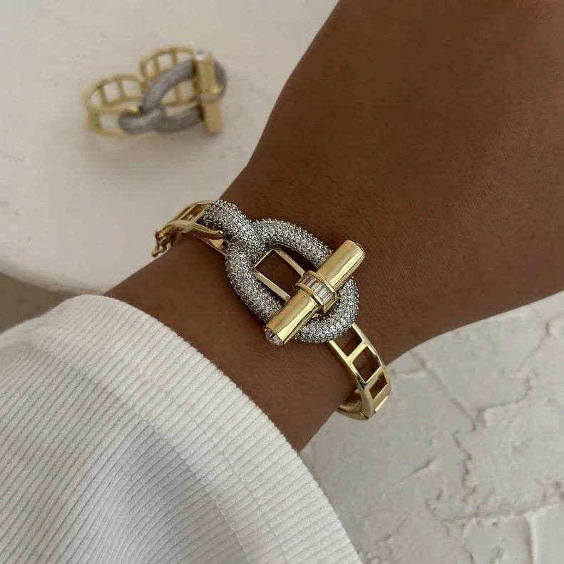 Muse Essentials - Designer Style Classic Gold Silver Rhinestone OT Buckle Chain Bracelet, Necklace & Earrings