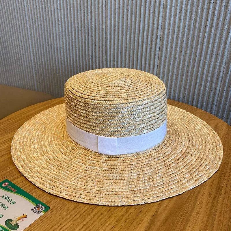 Ivy's Crown Straw Hat Wide Brim French Elegant Square Ribbon Hat