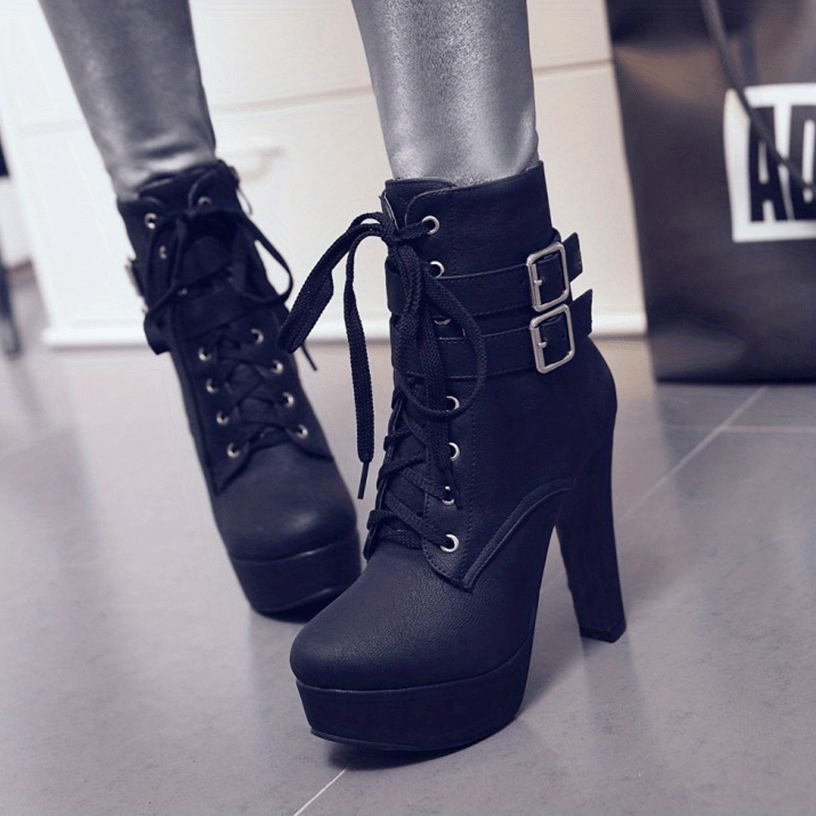 Be Mused - Faux Cover Block Heel Boots with Buckle Straps & Lace-Up