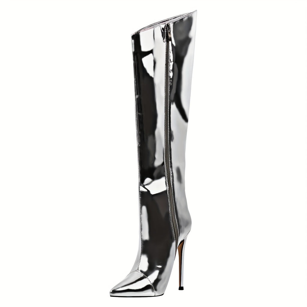 The Muse - Metallic Silver Stiletto Pointed Toe Knee High Fashion Boots