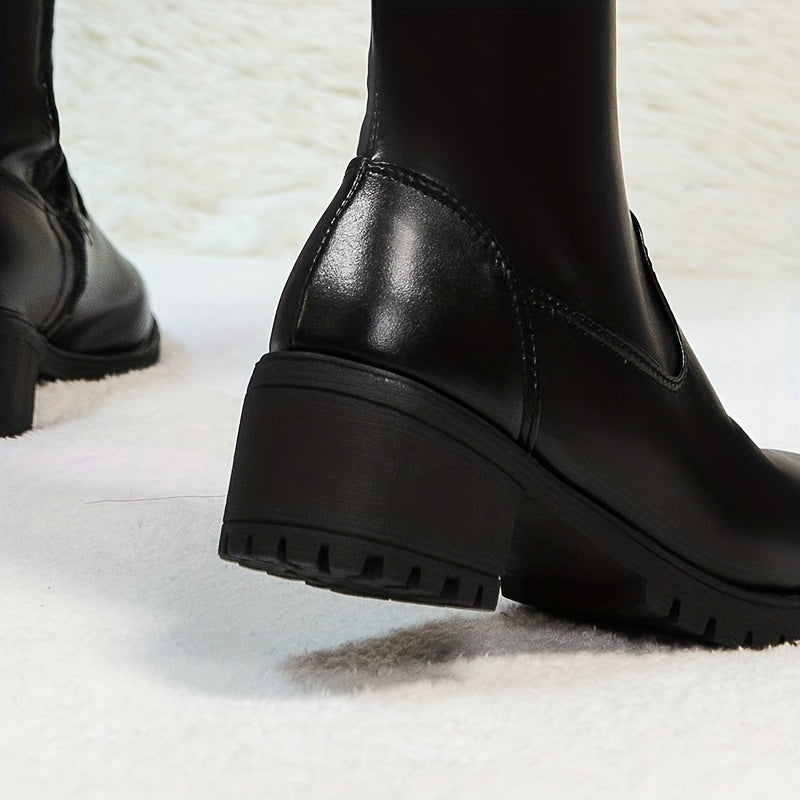 Ivy Muse - Sexy Round Toe Knee-High Boots with Block Heel - Stretch Fit