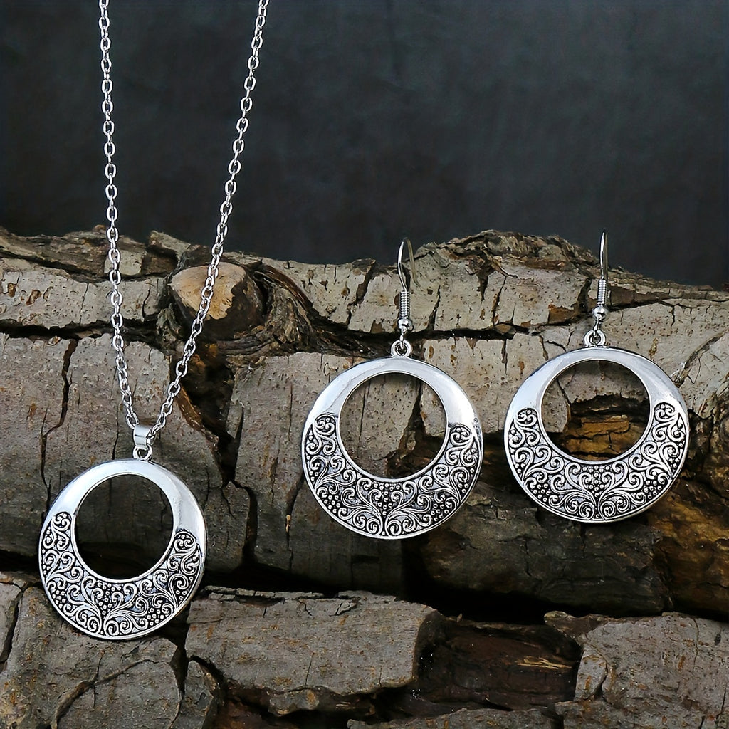 Muse Essentials - Retro Ethnic Style Ancient Silvery Ring Earrings Necklace Set