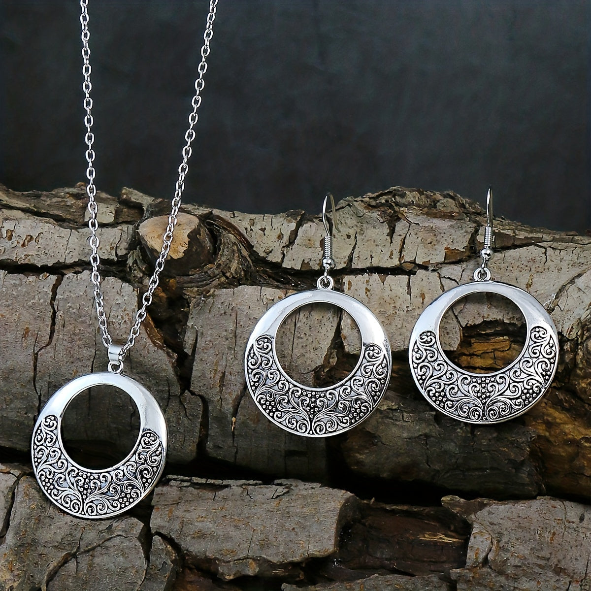 Muse Essentials - Retro Ethnic Style Ancient Silvery Ring Earrings Necklace Set