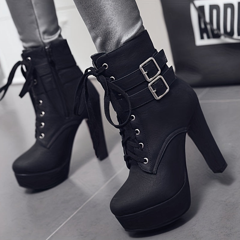 Be Mused - Faux Cover Block Heel Boots with Buckle Straps & Lace-Up